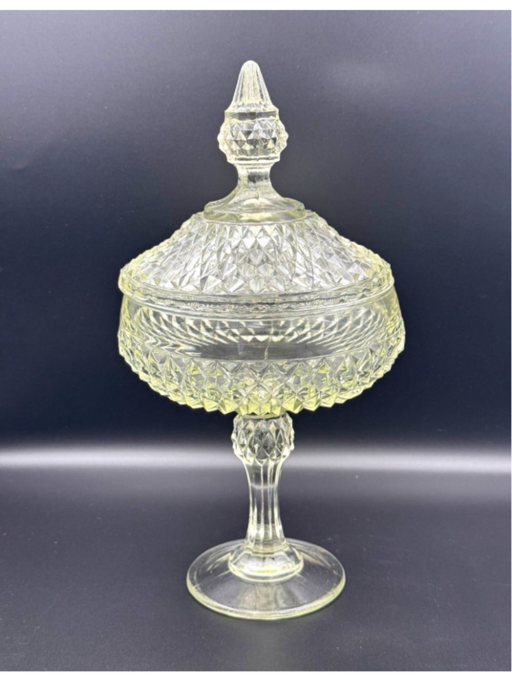 Vintage MCM Vanity Decor - Indiana Glass Diamond Point Candy Compote Jar w/ Lid
